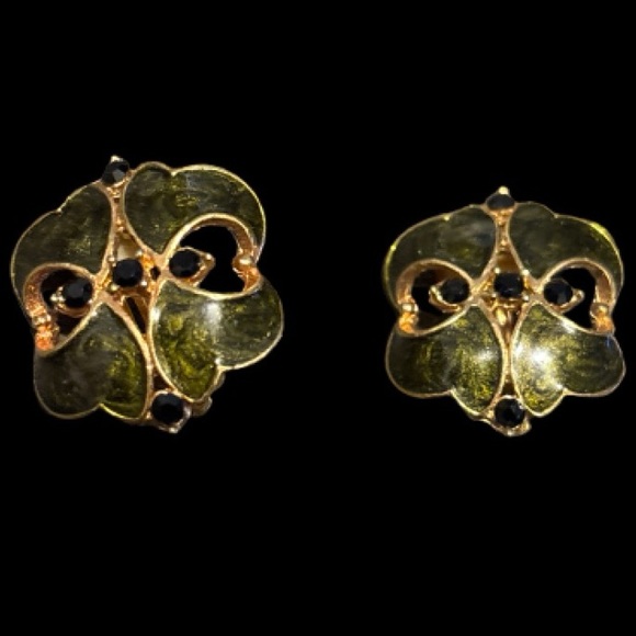 Vintage Gold & Black Enamel Earrings With Rhinestones - Picture 1 of 10